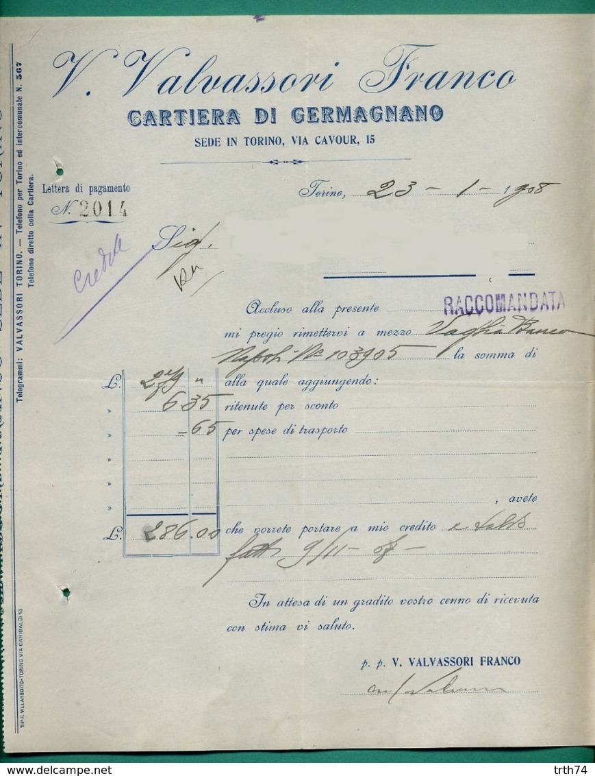 Italie Turin Torino Valvassori Franco Papeterie Cartiera Di Germagnano 23 01 1908 - Italy