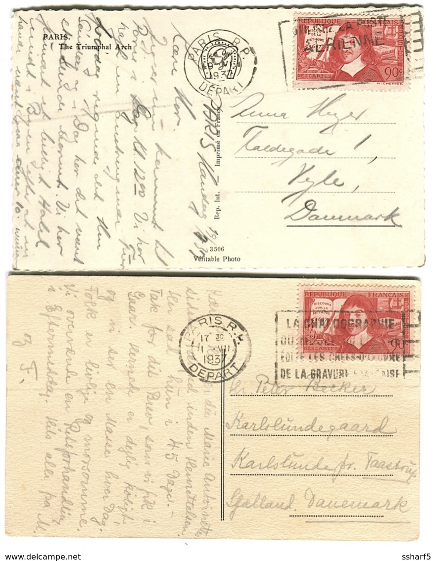 Yv 341 + 342 Discours Sur / De La Méthode Sur 2 Cpa Ayant Voyagé Au Danemark - Storia Postale