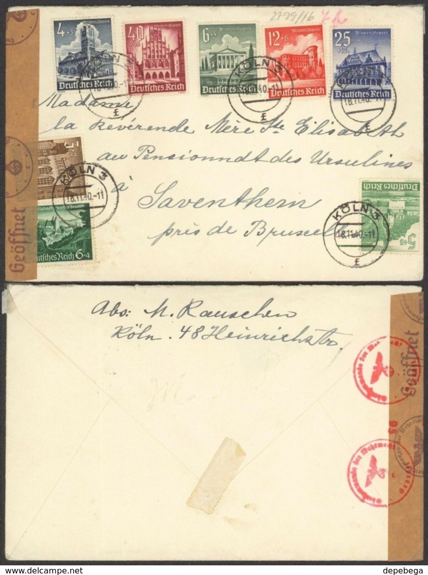 Germany - WWII, Censored Cover, MiNr. 751, 752, 753, 754, 756, 758. Köln 18.11.1940 To Belgium. - Covers & Documents