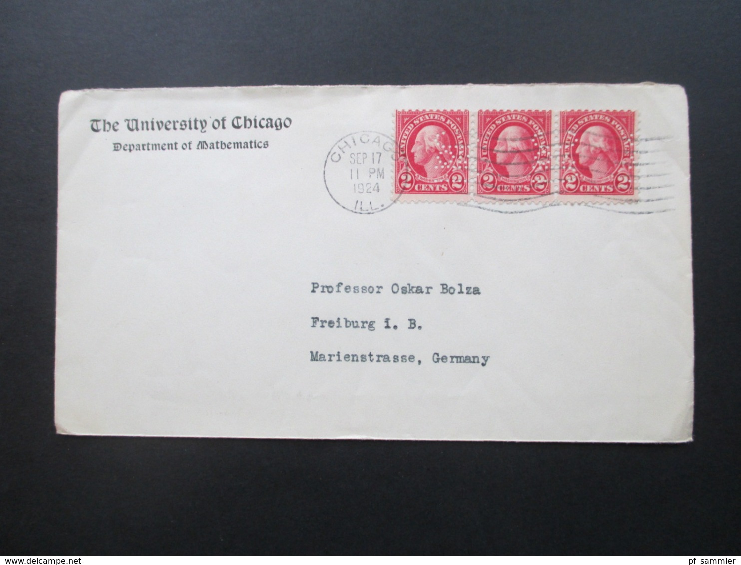 USA 1924 Perfin / Firmenlochung UOFC University Of Chicago Social Philately Dr. Oskar Bolza Mathematiker - Storia Postale