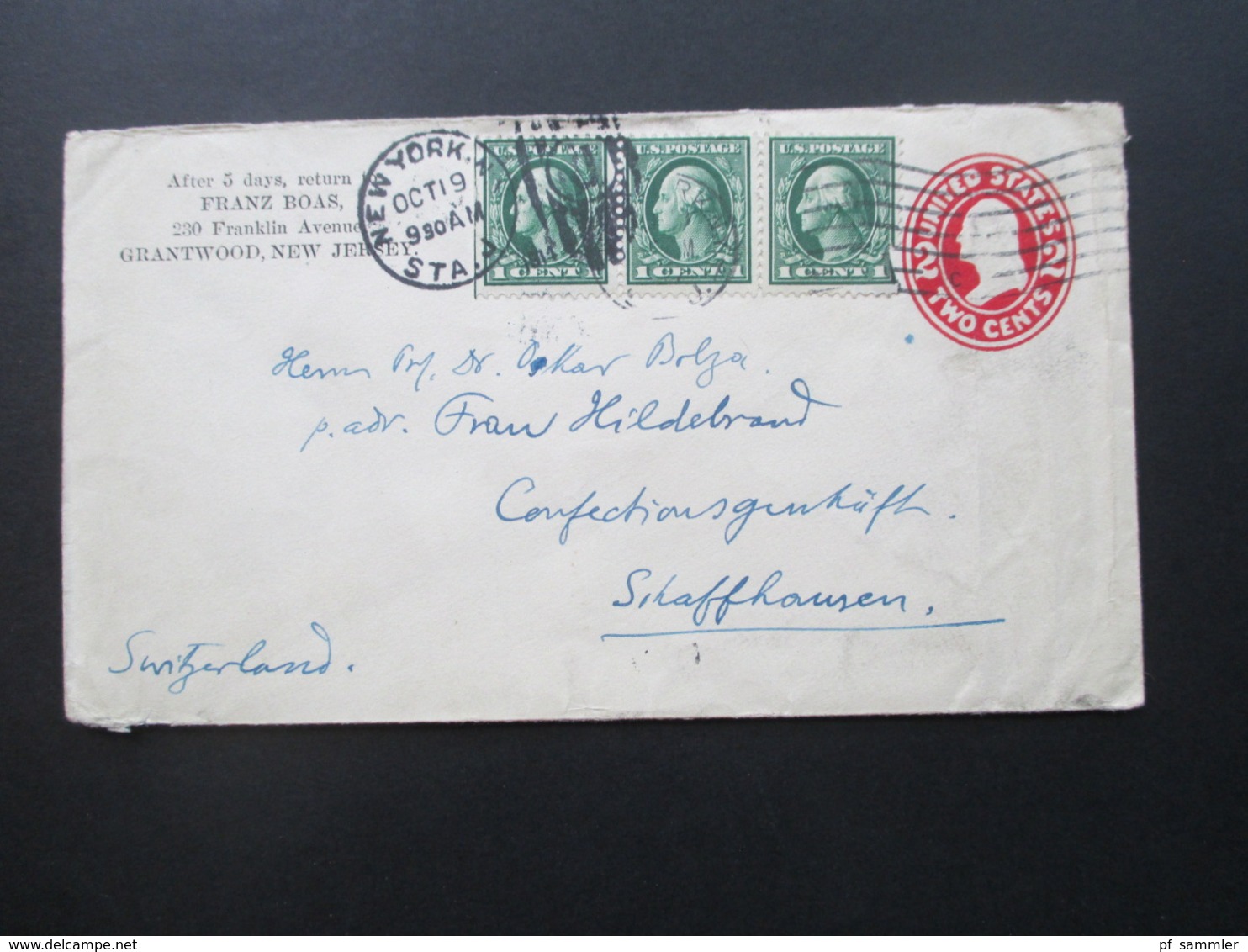 USA 1914 GA Mit 3 ZuF 1 Cent Waag. 3er Streifen! New York - Schaffhausen Social Philately Dr. Oskar Bolza Mathematiker - Briefe U. Dokumente