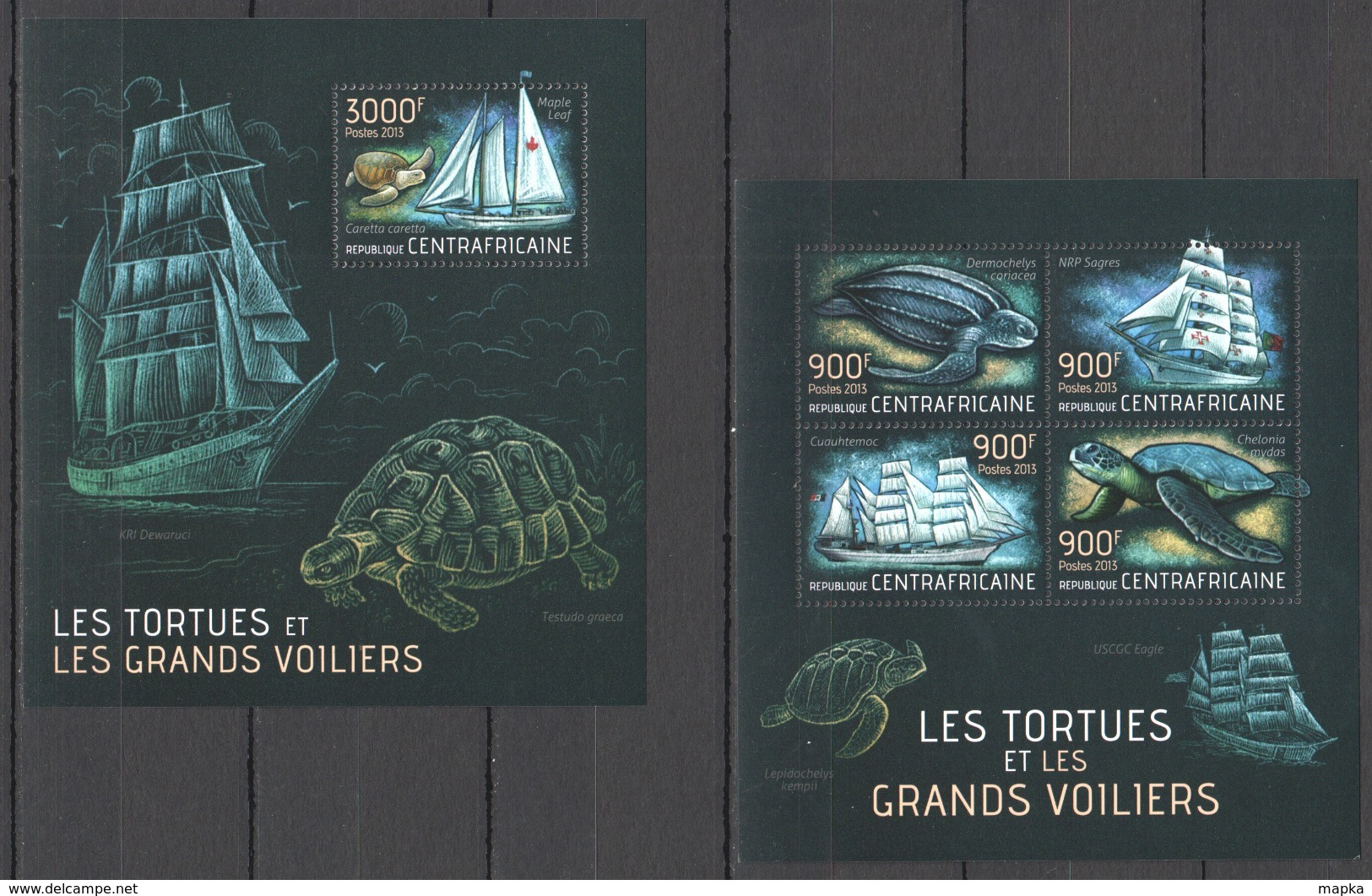 CA618 2013 CENTRAL AFRICA CENTRAFRICAINE FAUNA MARINE LIFE SEA TURTLES SAILING SHIPS KB+BL MNH - Tortues