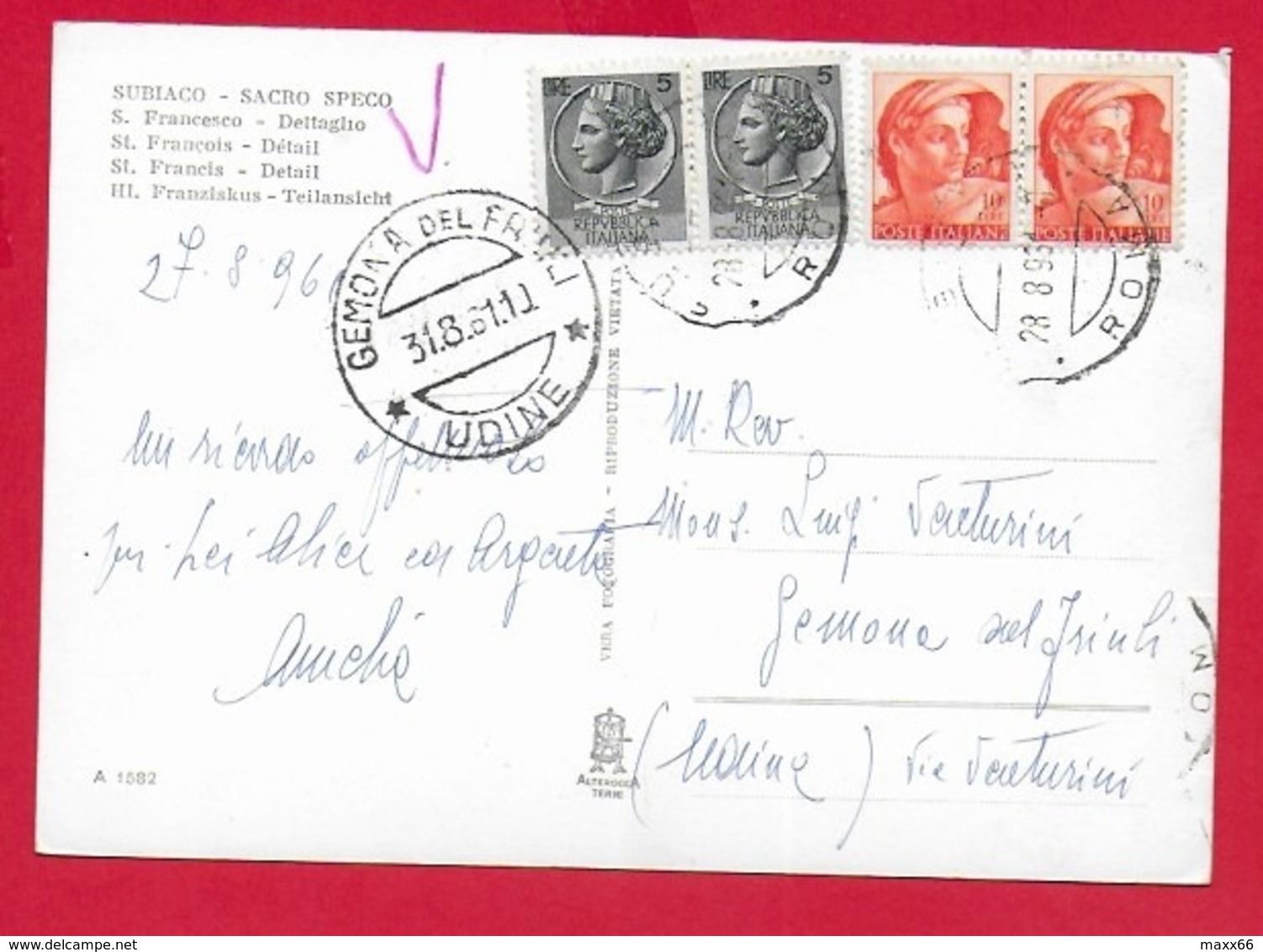 CARTOLINA VG ITALIA - S. FRANCESCO - Dettaglio - SUBIACO Sacro Speco - 10 X 15 - 1961 GEMONA DEL FRIULI - Santi