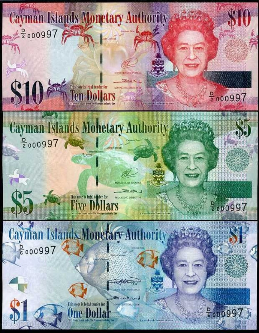 CAYMAN ISLANDS SET 3 UNC 1 5 10 DOLLARS 2014-2018 NEW SIGN LOW SERIAL MATCHING - Cayman Islands