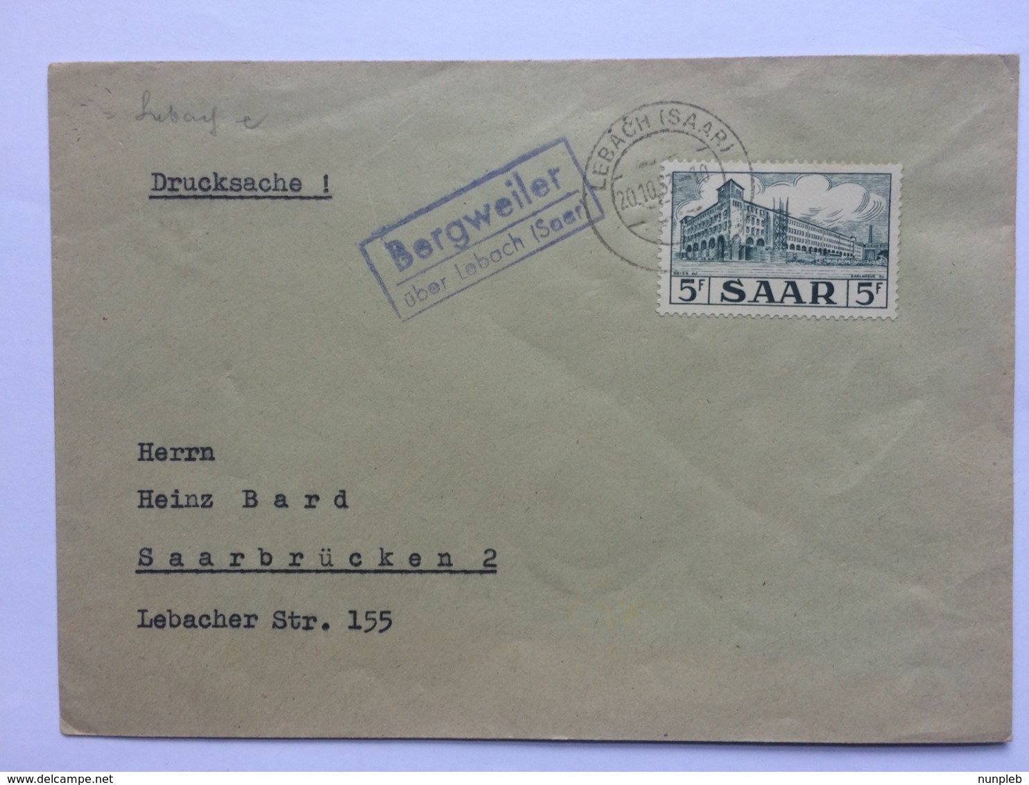 SAAR 1953 Cover Lebach To Saarbrucken With Bergweiler Cachet - Covers & Documents