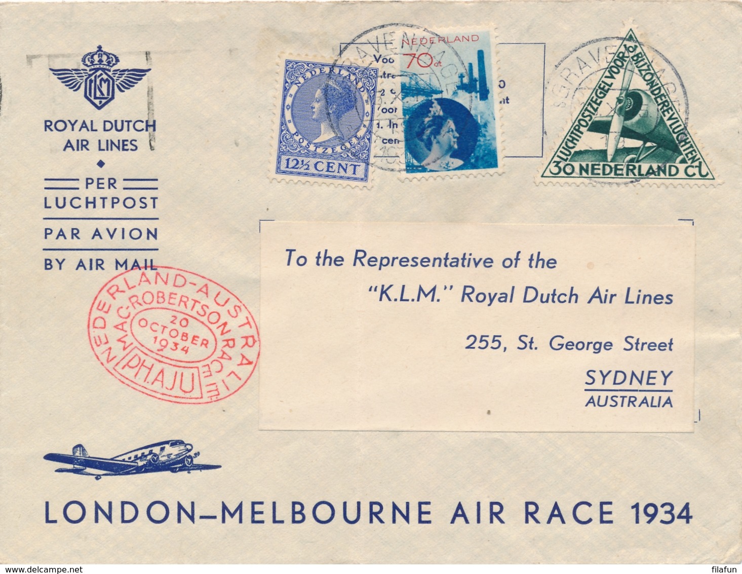 Nederland / Australia - 1934 - 70 Cent Fotomontage Op Cover Met London-Melbourne Air Race Van Den Haag Naar Sydney - Luftpost