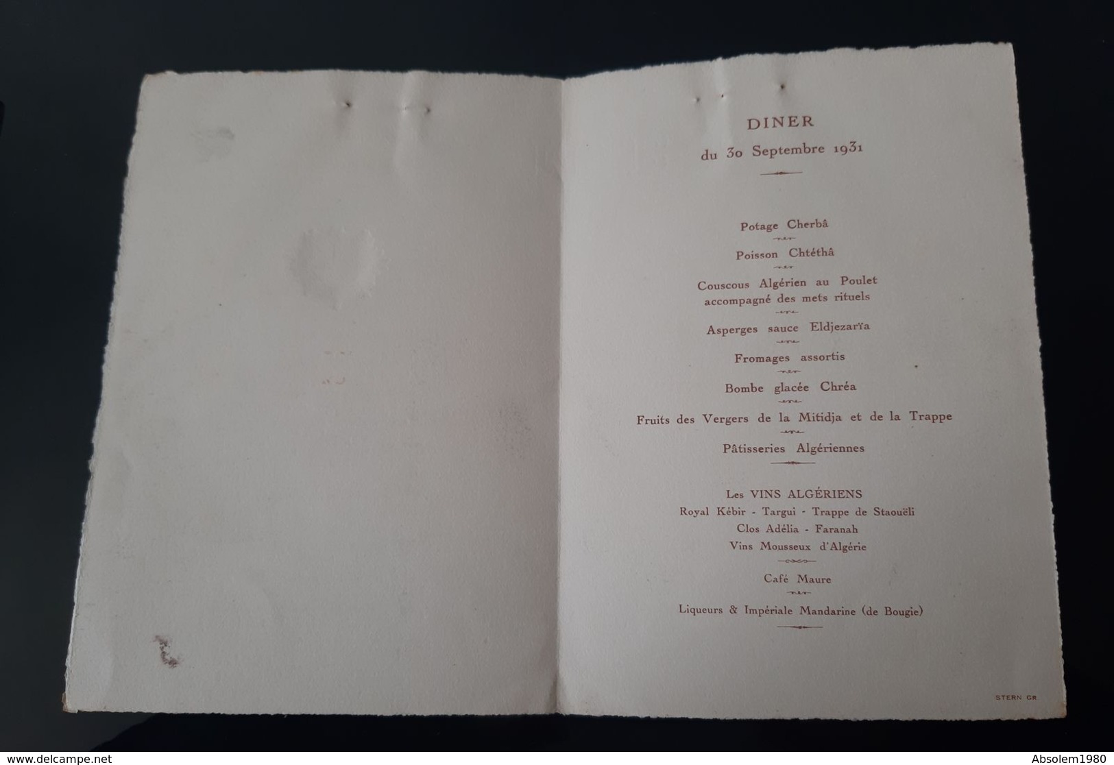 MENU STERN 1931 EXPOSITION COLONIALE INTERNATIONALE BRASSERIE PAVILLON DE L'ALGERIE 4ème CONGRES MUTUALITE COLONIALE - Menus