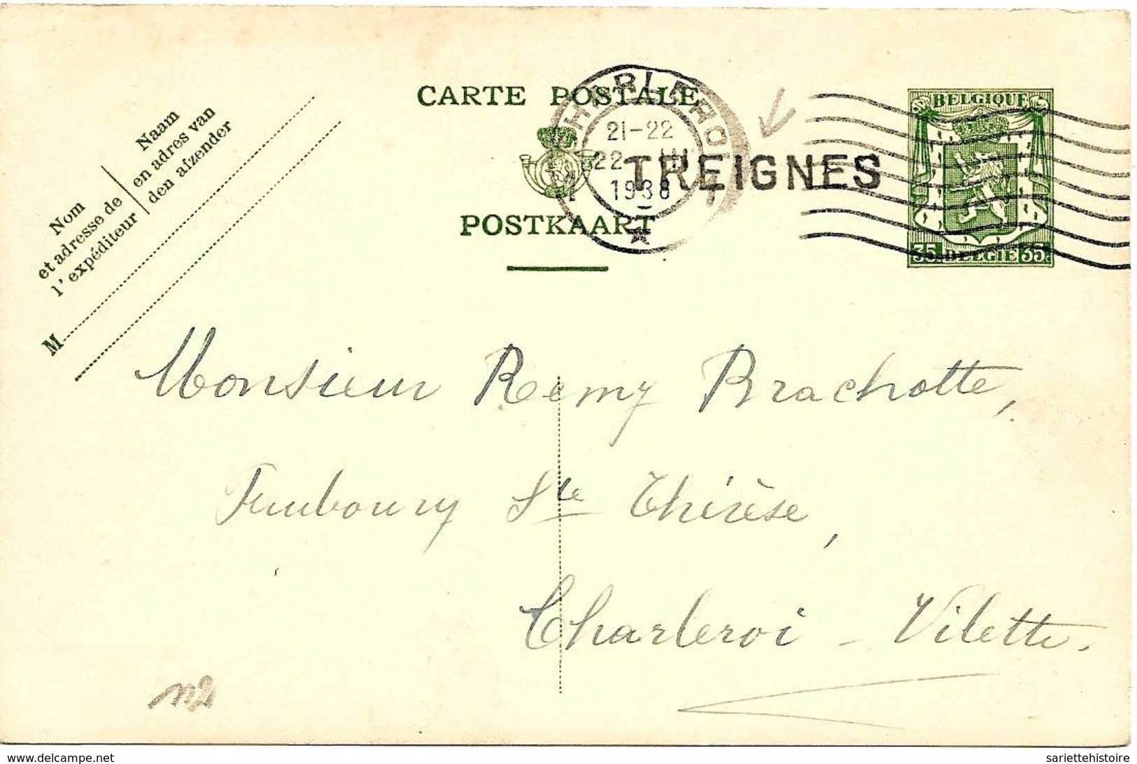 SH 0115. EP 35c CHARLEROI 22.III.1938 + GRIFFE TREIGNES V. Charleroi-Vilette. TB - Linear Postmarks