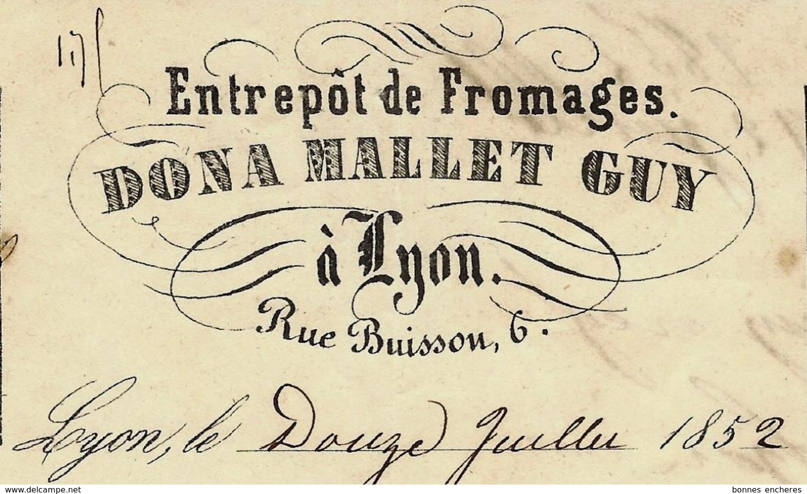 1852  ROULAGE TRANSPORTS ENTREPOTS DE FROMAGES DONA MALLET GUY LYON Pour Meyer Frères & Jouve Valence Avec Signature - 1800 – 1899