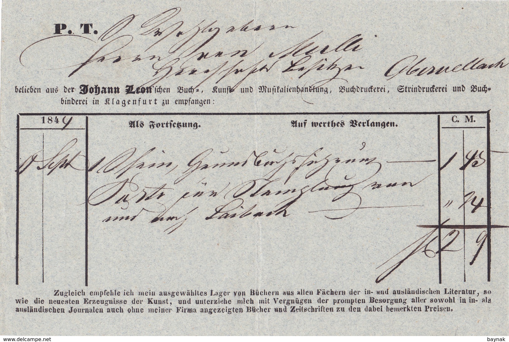 FACTURA, RECHNUNG, QUITTUNG  --  OBERVELLACH  --  BUCHDRUCKEREI  JOHANN LEON  --  1844 - Austria
