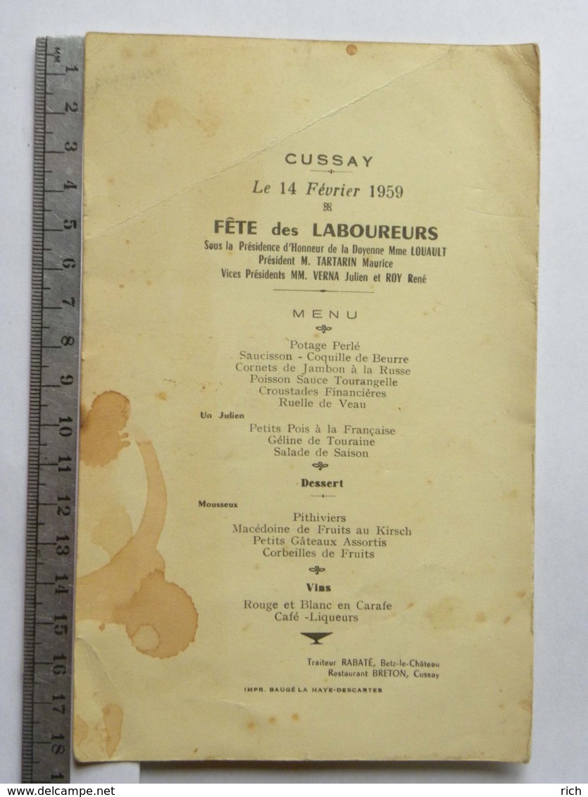 (37) Menu - Cussay - Le 14 Février 1957, Fête Des Laboureurs, Présidence D'honneur Mme Louault, Traiteur Rabaté, Betz Le - Menus