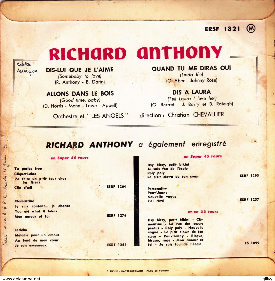 RICHARD ANTHONY - Dis-lui Que Je L'aime - EP - 45 Rpm - Maxi-Single