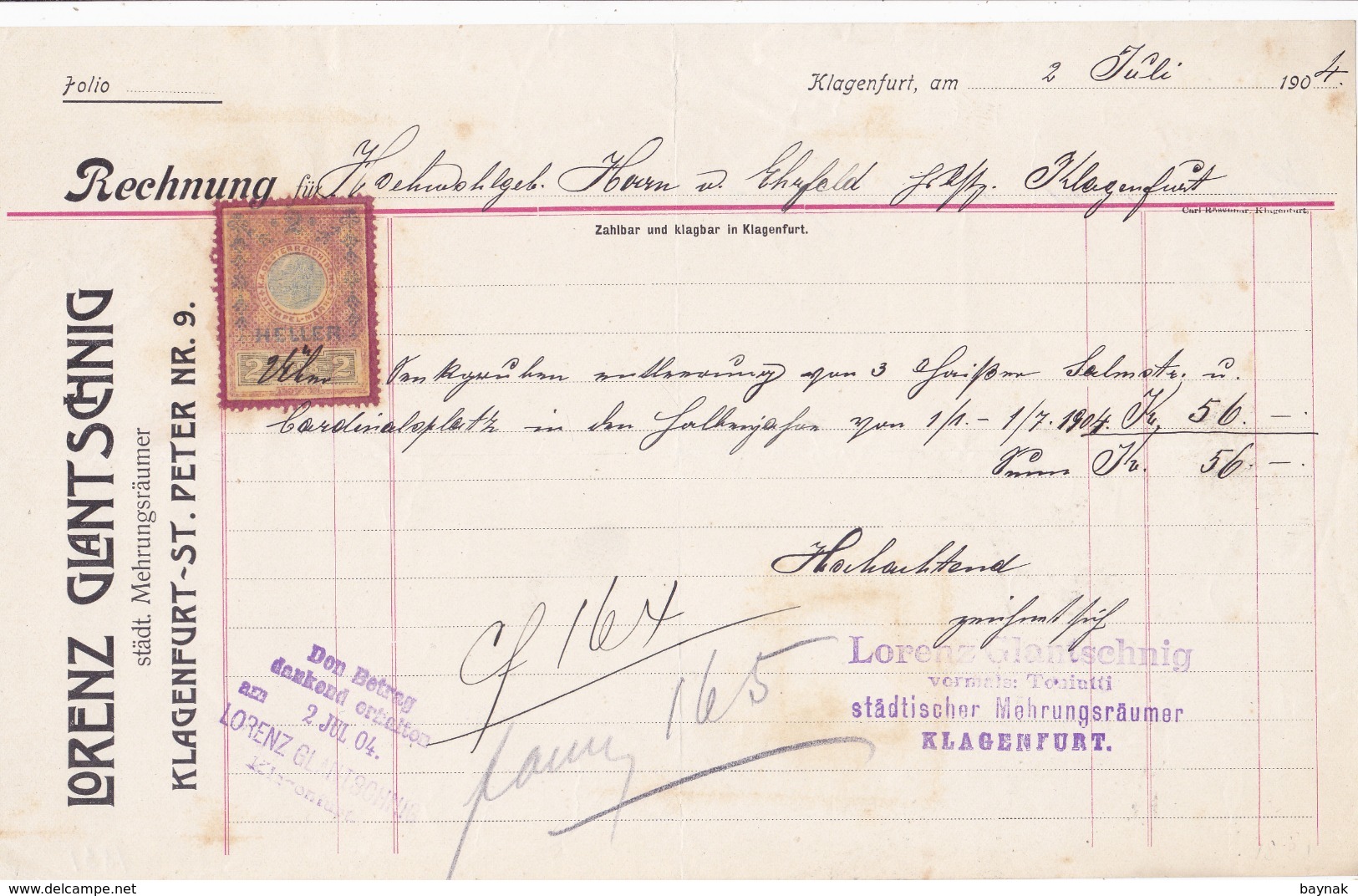 FACTURA, RECHNUNG   --  KLAGENFURT --   LORENZ GLANTSCHNIG  --  1904  --  MIT 2 HELLER TAX STAMP  --  STEMPELMARKE - Austria