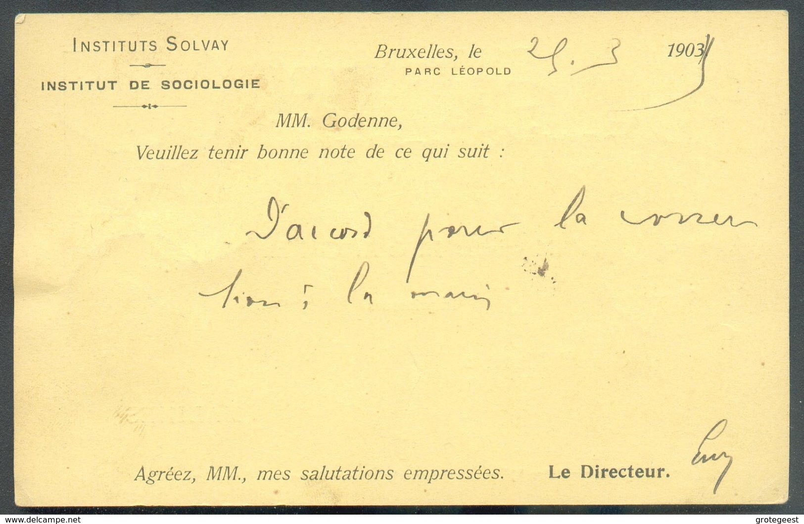 TRAM C.P. Expédiée De L'Institut Solvay Situé Au Parc Léopold (Quartier Léopold à Etterbeek) Et Déposée Dans La Boîte Du - 1893-1900 Fine Barbe