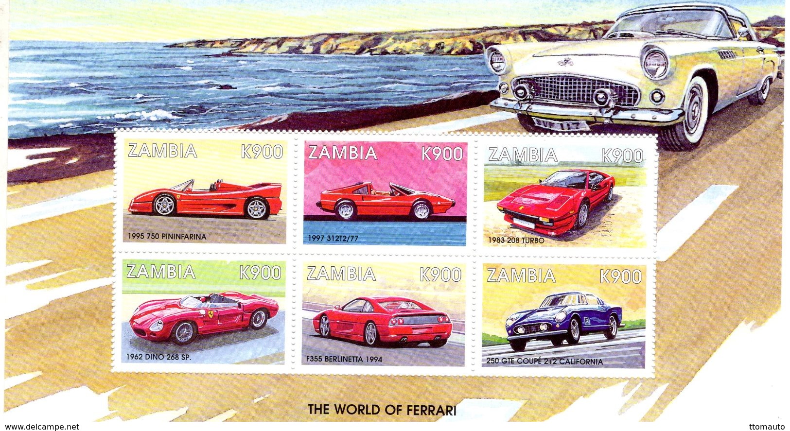 Zambia  -  FERRARI Cars  -  750-312T2-Dino 368SP-F355-250GTE  -  6v  Feuillet  -  Neuf/Mint/MNH - Voitures