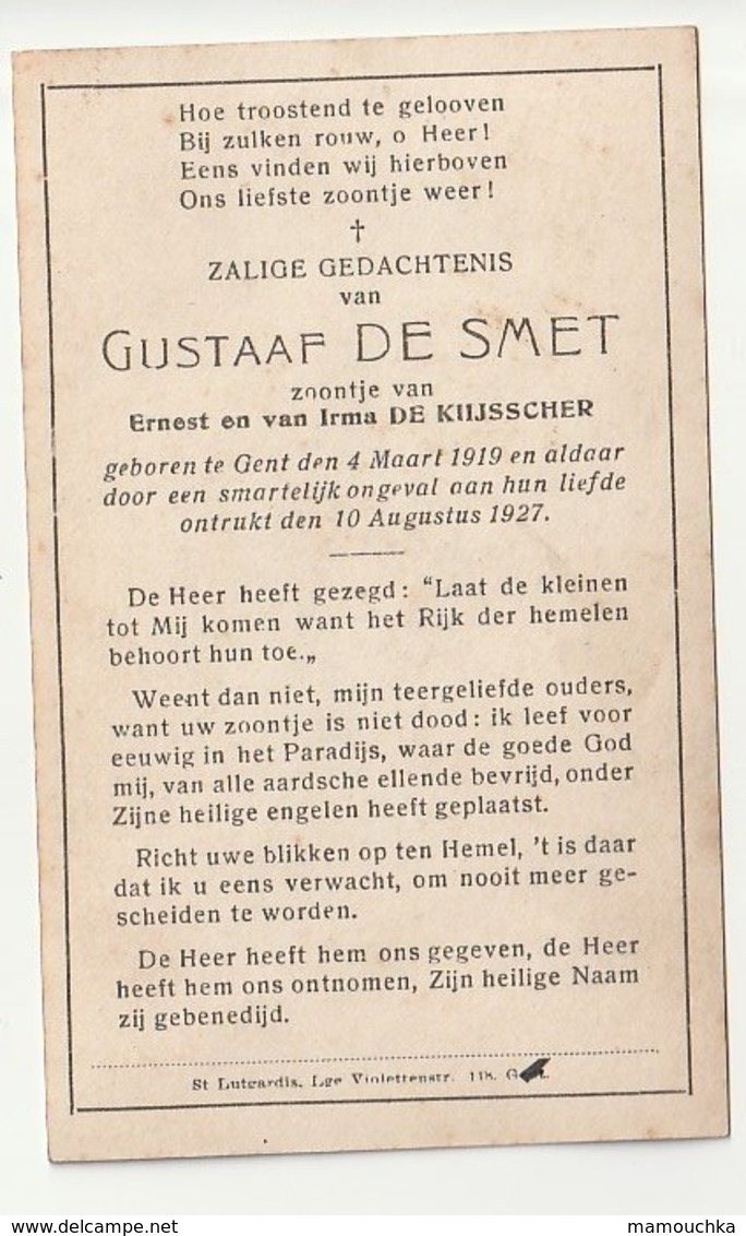 Doodsprentje Gustaaf DE SMET Zoontje De Kijsscher Gent 1919 Ongeval Aldaar 1927 Kind - Andachtsbilder
