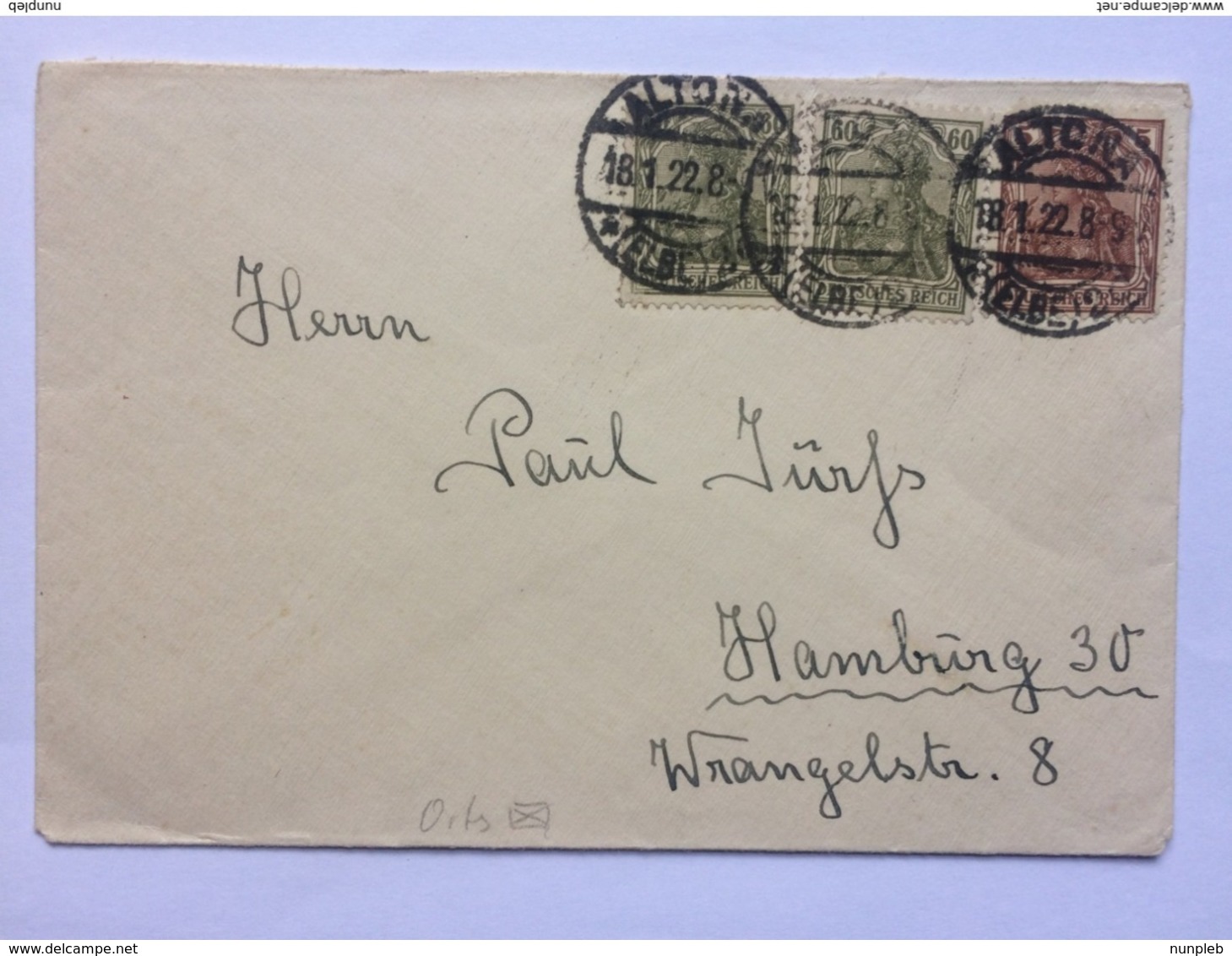 GERMANY 1922 Cover Altona To Hamburg - Brieven En Documenten