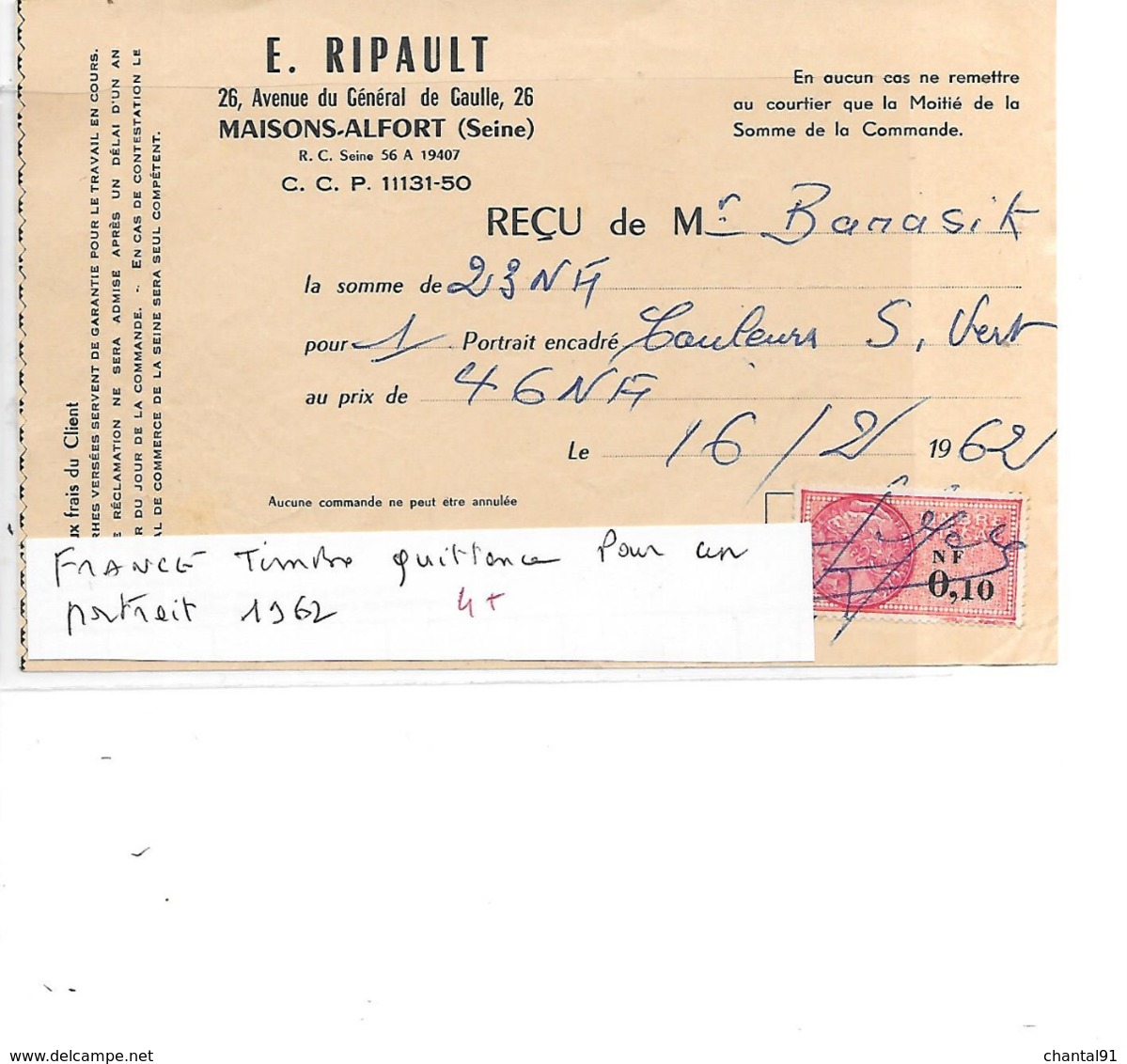 FRANCE TIMBRE QUITTANCE POUR UN RETRAIT 1962 - Storia Postale