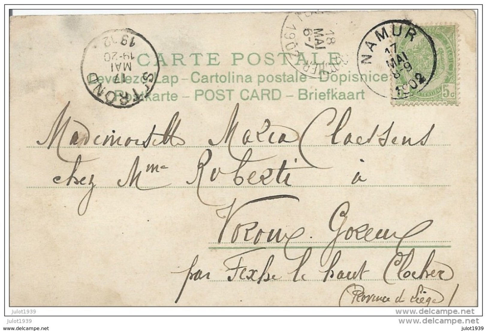 VOROUX - GOREUX ..-- 1902 De NAMUR Vers VOROUX ( Melle Maria CLAESSENS , Chez Mme ROBERTI ) . Voir Verso . - Fexhe-le-Haut-Clocher