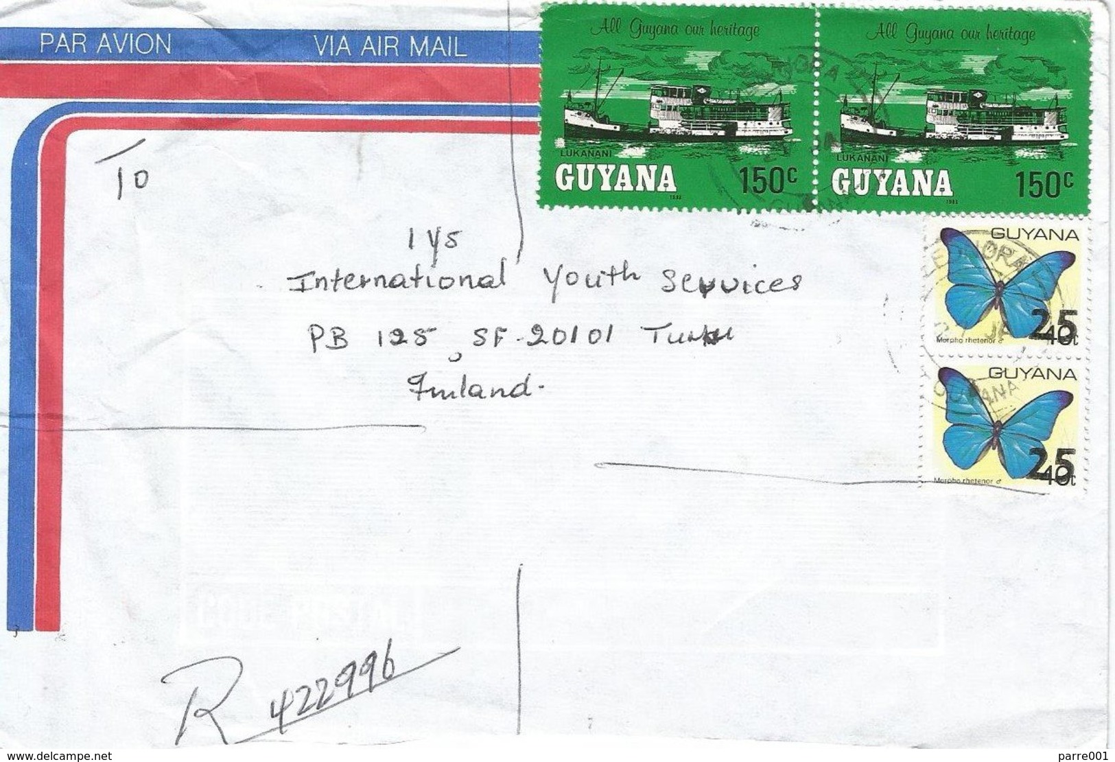 Guyana 1984 Leonora Butterfly Morpho Rhetemor Overprint 25c On 40c River Steamer Lukanani 150c Registered Cover - Guyana (1966-...)