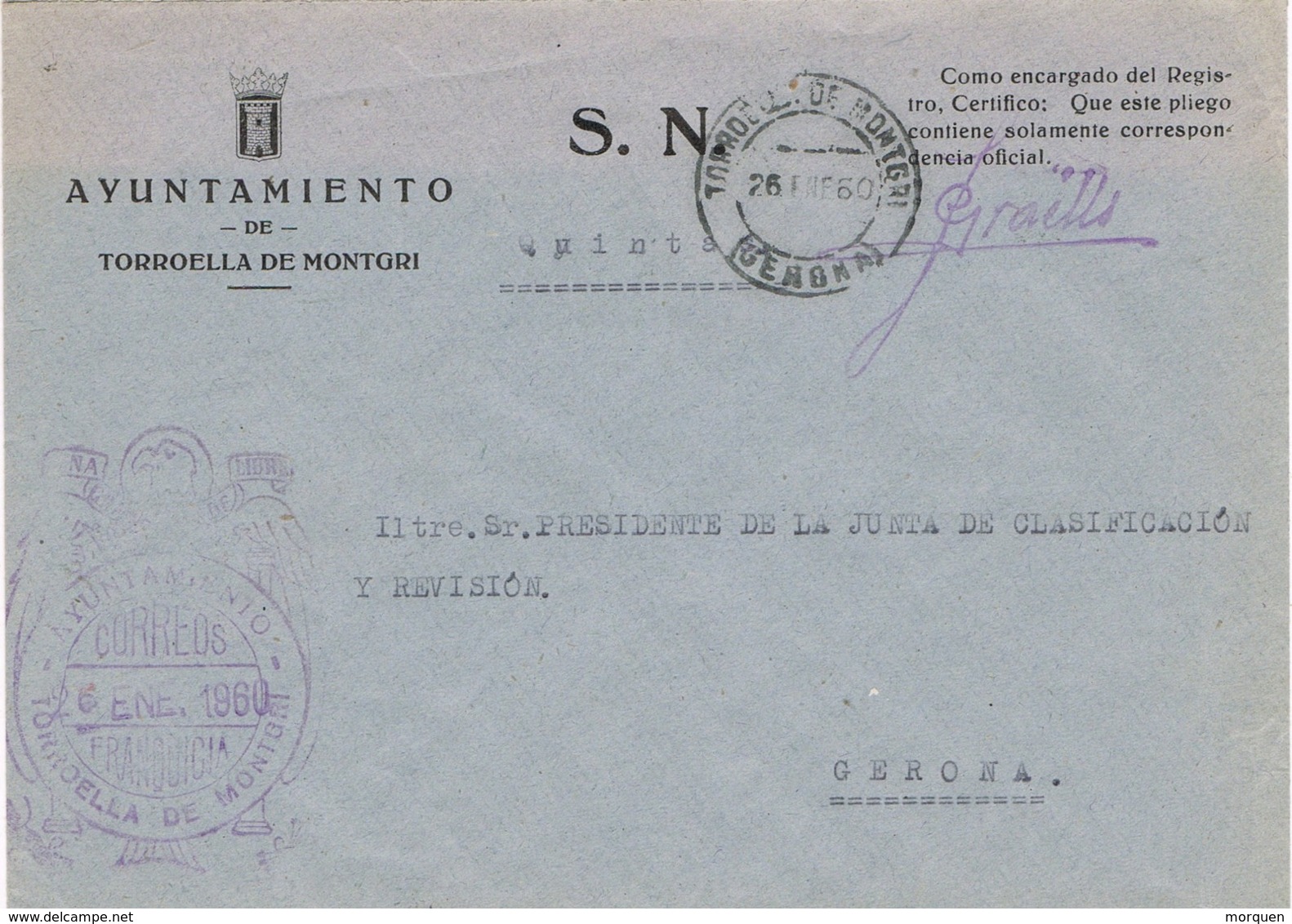 34126. Carta S.N. Franquicia Ayuntamiento TORROELLA De MONTGRI (Gerona) 1960. Fechador Torroella - Cartas & Documentos