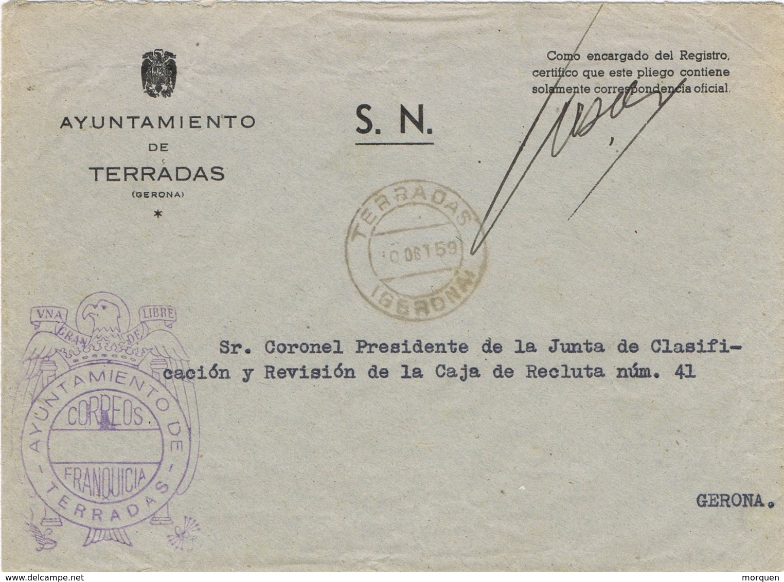 34127. Carta S.N. Franquicia Ayuntamiento TERRADAS (Gerona) 1959. Fechador Terradas - Cartas & Documentos