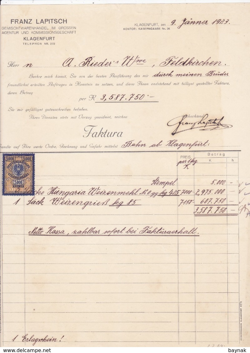 FACTURA, RECHNUNG   --  KLAGENFURT   --   FRANZ LAPITSCH  --  1923  --  MIT 5000 KRONEN  TAX STAMP  --  STEMPELMARKE - Oostenrijk