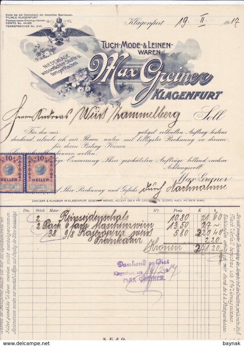 FACTURA, RECHNUNG   --  KLAGENFURT   --   MAX GREINER  --  1917  --  MIT 2 X 10 HELLER  TAX STAMP  --  STEMPELMARKE - Oostenrijk