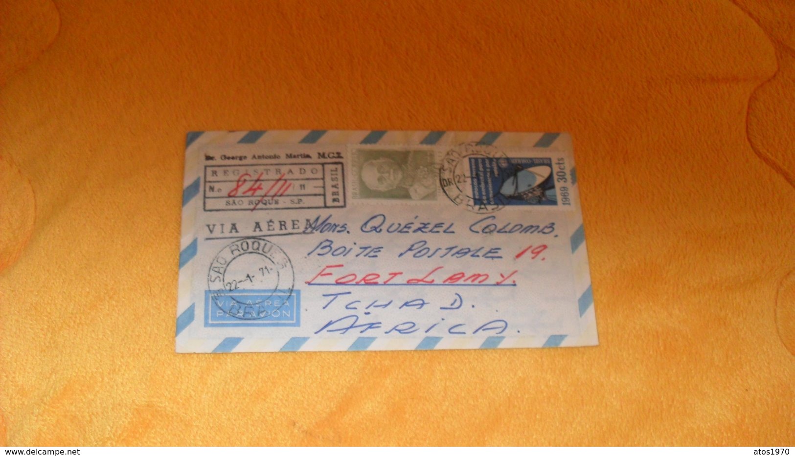 ENVELOPPE DE 1971....DR. GEORGE ANTONY MARTIN..RECOMMANDE N° 84/11 SAO ROQUE BRESIL POUR FORT LAMY CACHETS + 5 TIMBRES.. - Autres & Non Classés