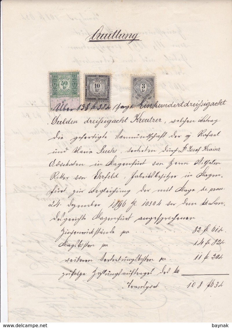 QUITTUNG --  EBERSTEIN ( SLOVENISCH SVINEC)  -  1897  --  MIT  3 Kr, 10 Kr Und  50 Kr TAX STAMP  -  STEMPELMARKE - Österreich