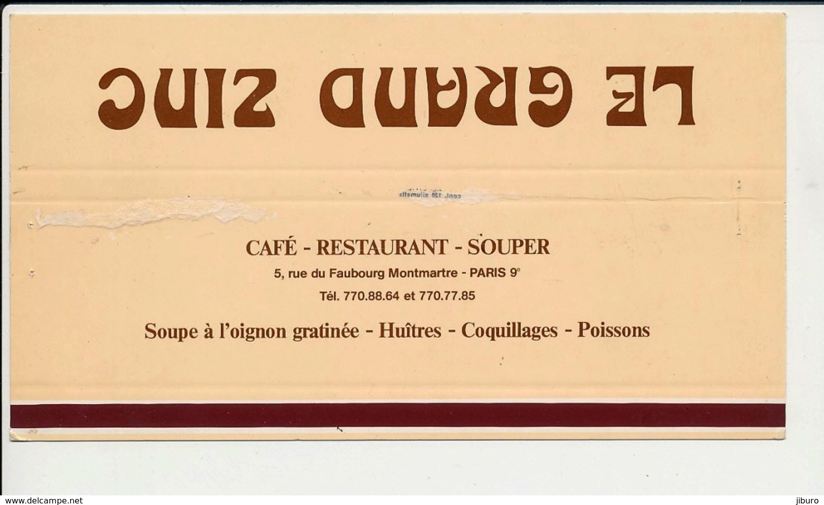 Emballage (aplati) Boite D'allumettes Publicité Café-Restaurant Le Grand Zinc 5 Rue Du Faubourg Montmartre Paris  CP-GF - Boites D'allumettes - Etiquettes