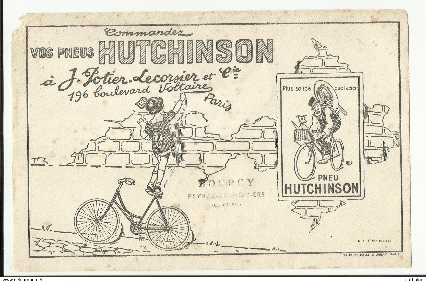 BUVARD . "  HUTCHINSON "  VELO  . COMMENDEZ VOS PNEUS A J. POTIER LECORSIER . PARIS .CACHET" DOUCY . PEYRAT LA NONIERE " - Moto & Vélo