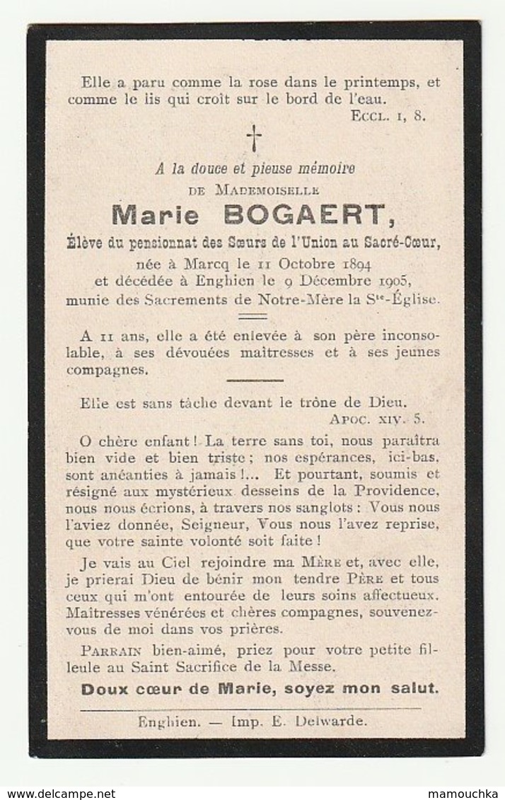 Décès Marie BOGAERT élève Pensionnat Des Soeurs De L'Union Au Sacré-Coeur Marcq 1894 Enghien 1905 - Devotion Images