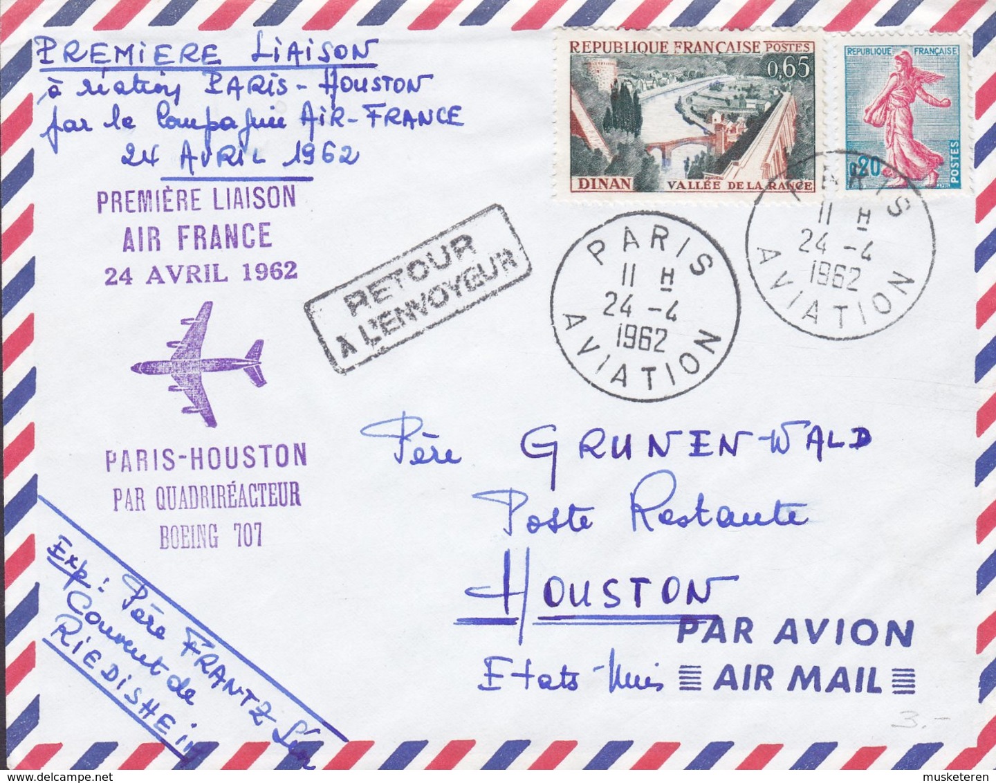 France Air Mail Par Avion Boing 707 Premiere Liason First Flight PARIS AVIATION 1962 Cover Lettre Semeuse Lignée - 1957-1959 Mäherin