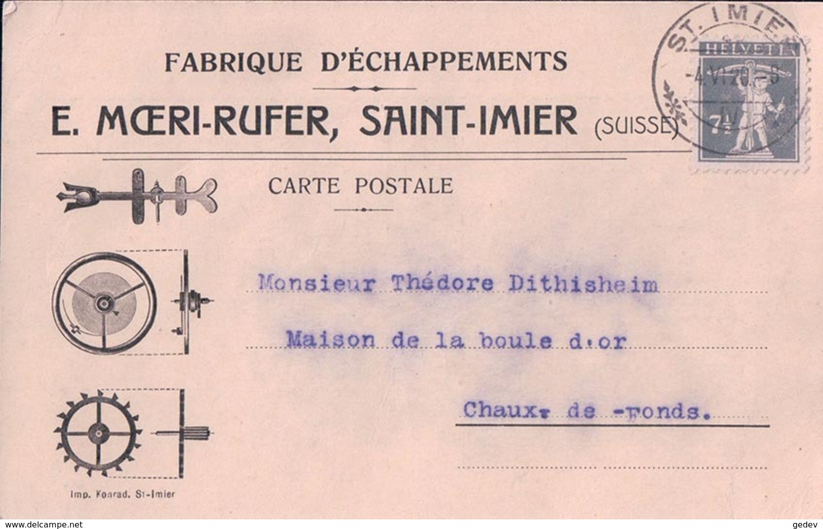 Suisse, Carte Avec Publicité, Fabrique D'Echappement E. Moeri-Rufer St Imier - Chaux De Fonds (4.6.20) - Saint-Imier 