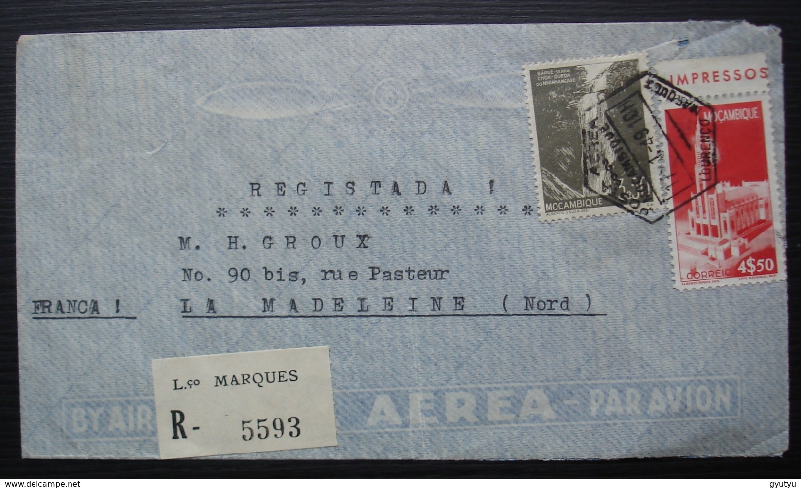 Mozambique Moçambique (Portugal) 1949 Posta Aera Lourenço Marques Registrada Recommandé La Madeleine Nord (France) - Mozambique