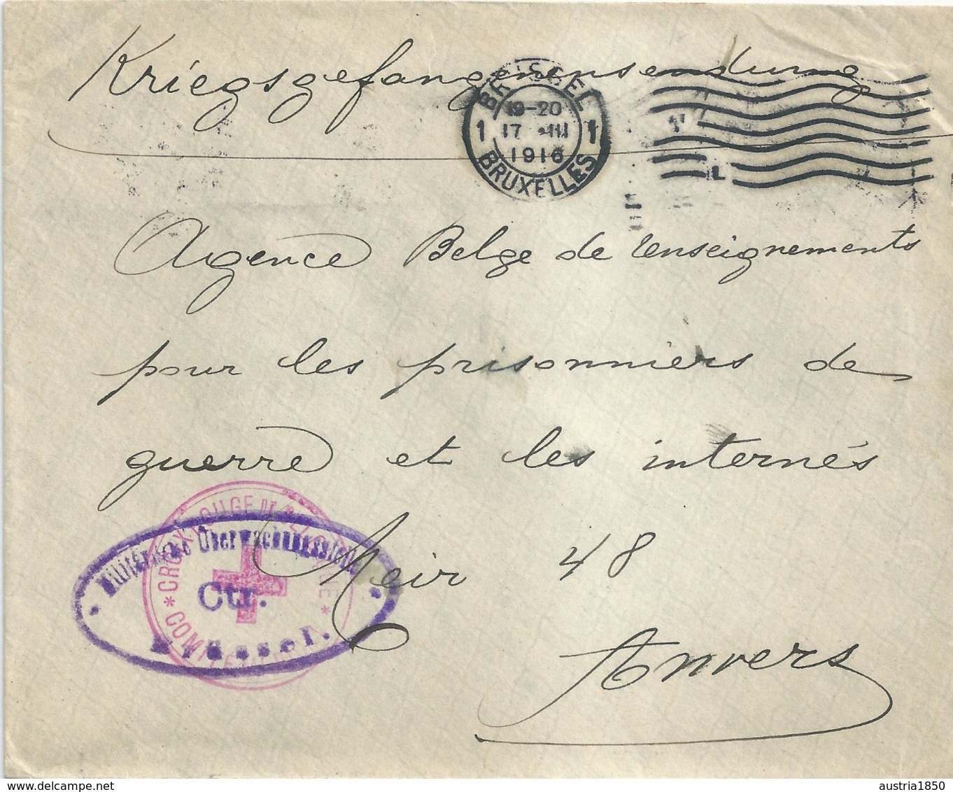 1916 - Lettre Prisonnier De Guerre - "Bruxelles" Vers Anvers - Agence Belge De Renseignements - Prisonniers