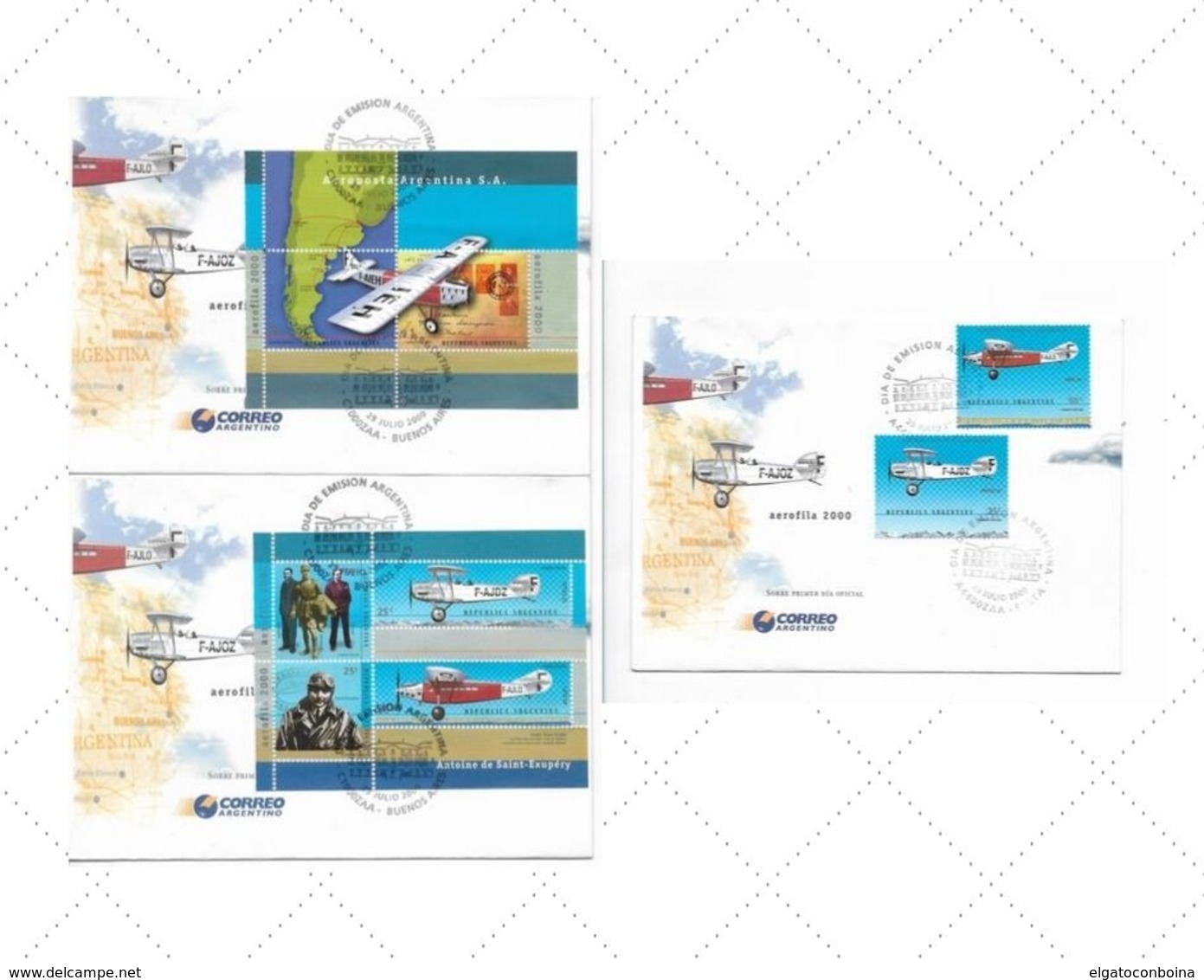 ARGENTINA 2000 AEROFILA 2000, SAINT EXUPERY, AVIATION, LITERATURE, SET ON 3 FDC - FDC