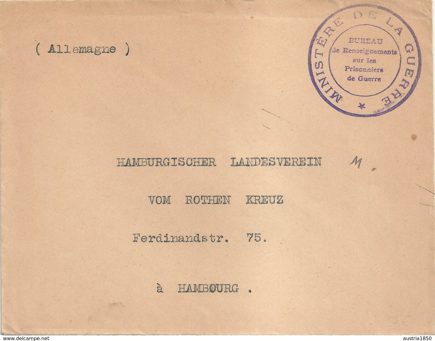 1914 - 1918  - Lettre Ministère De La De Guerre - Bureau De Renseignements - Vers Hamburg - Prisoners