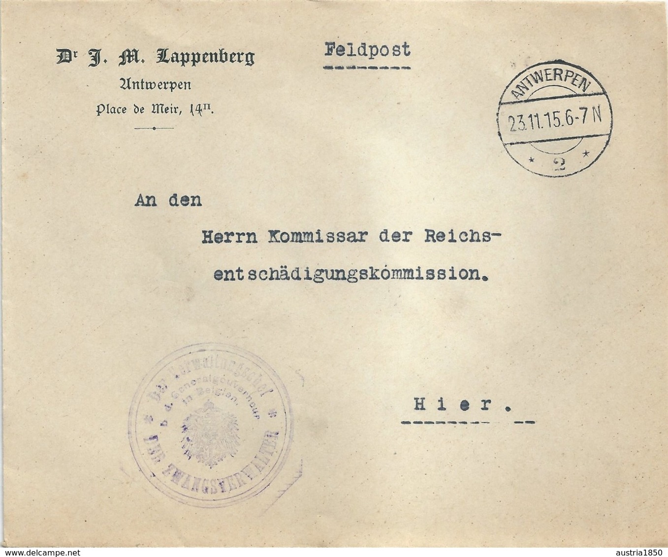 1915  - Lettre Officielle - Antwerpen Vers Reichsentschädigungskommission - Armée Allemande