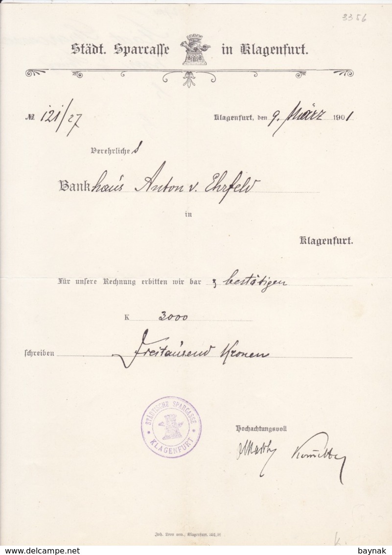 AUSTRIA  --  KLAGENFURT  --   STADT. SPARKASSE IN KLAGENFURT  --  1901  --  OLD DOCUMENT - Documents Historiques