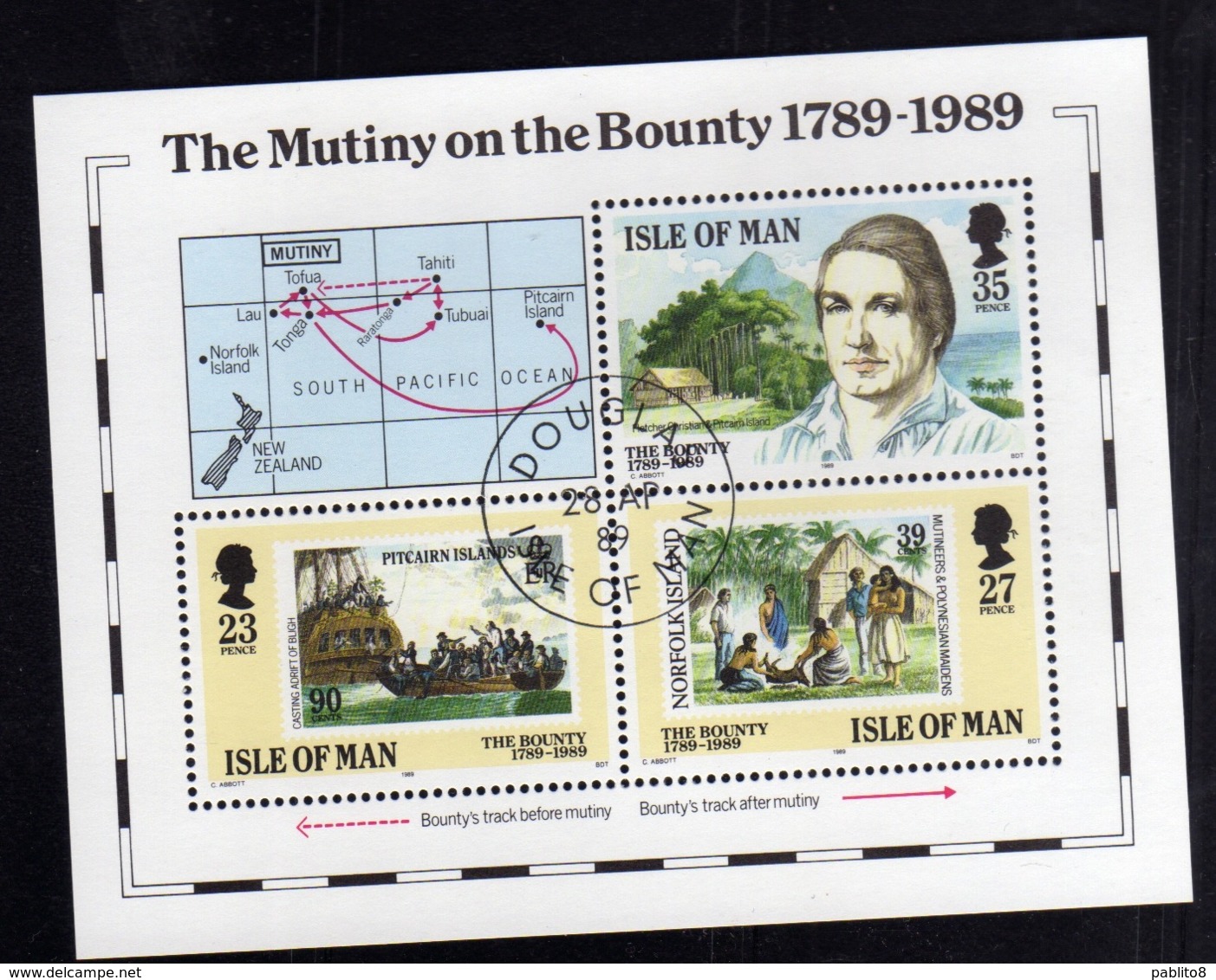 ISOLA DI MAN ISLE OF 1989 THE MUTINY ON THE BOUNTY BLOCK SHEET BLOCCO FOGLIETTO FIRST DAY SPECIAL CANCEL FDC - Isola Di Man