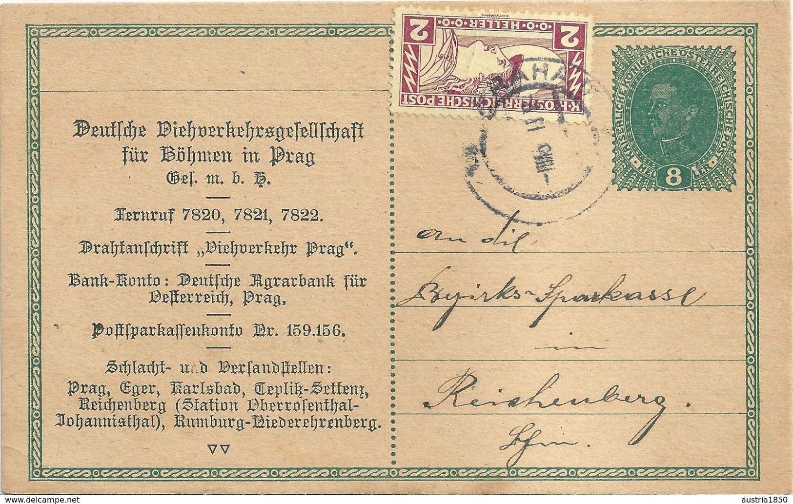 1919 - Carte Commerciale "Prag" Vers Reichenberg - Deutsche Viehverkehrsgesellschaft - Lettres & Documents