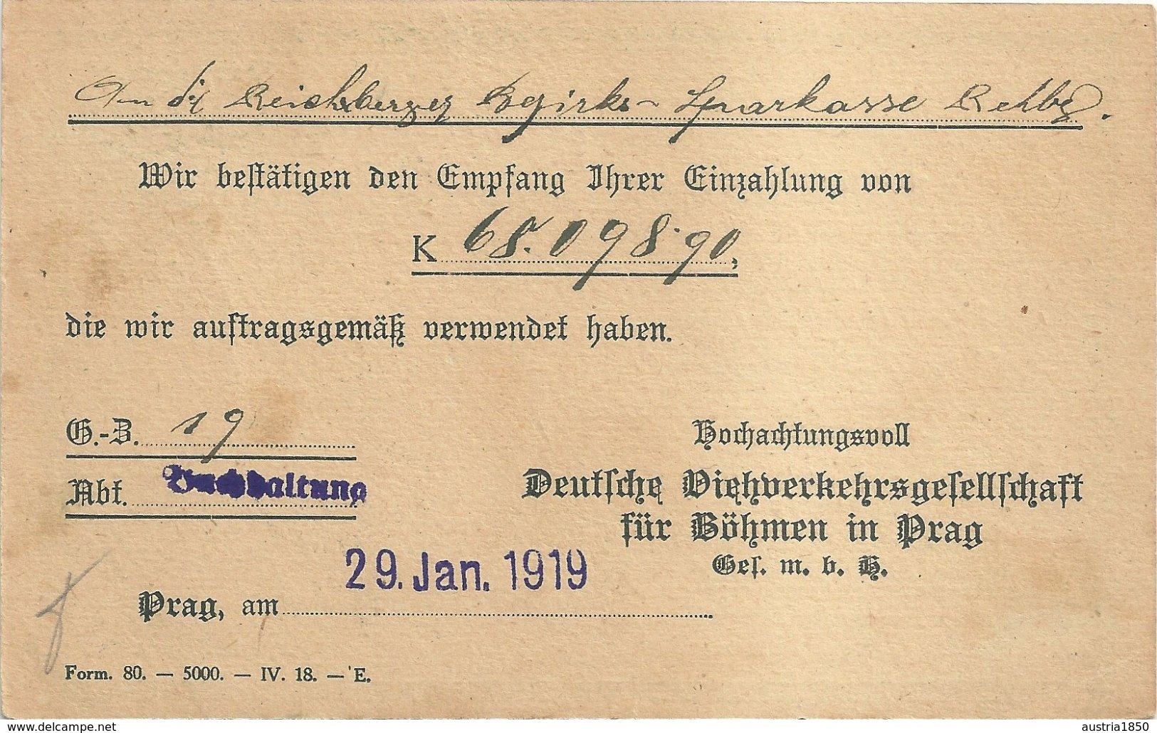 1919 - Carte Commerciale "Prag" Vers Reichenberg - Deutsche Viehverkehrsgesellschaft - Lettres & Documents