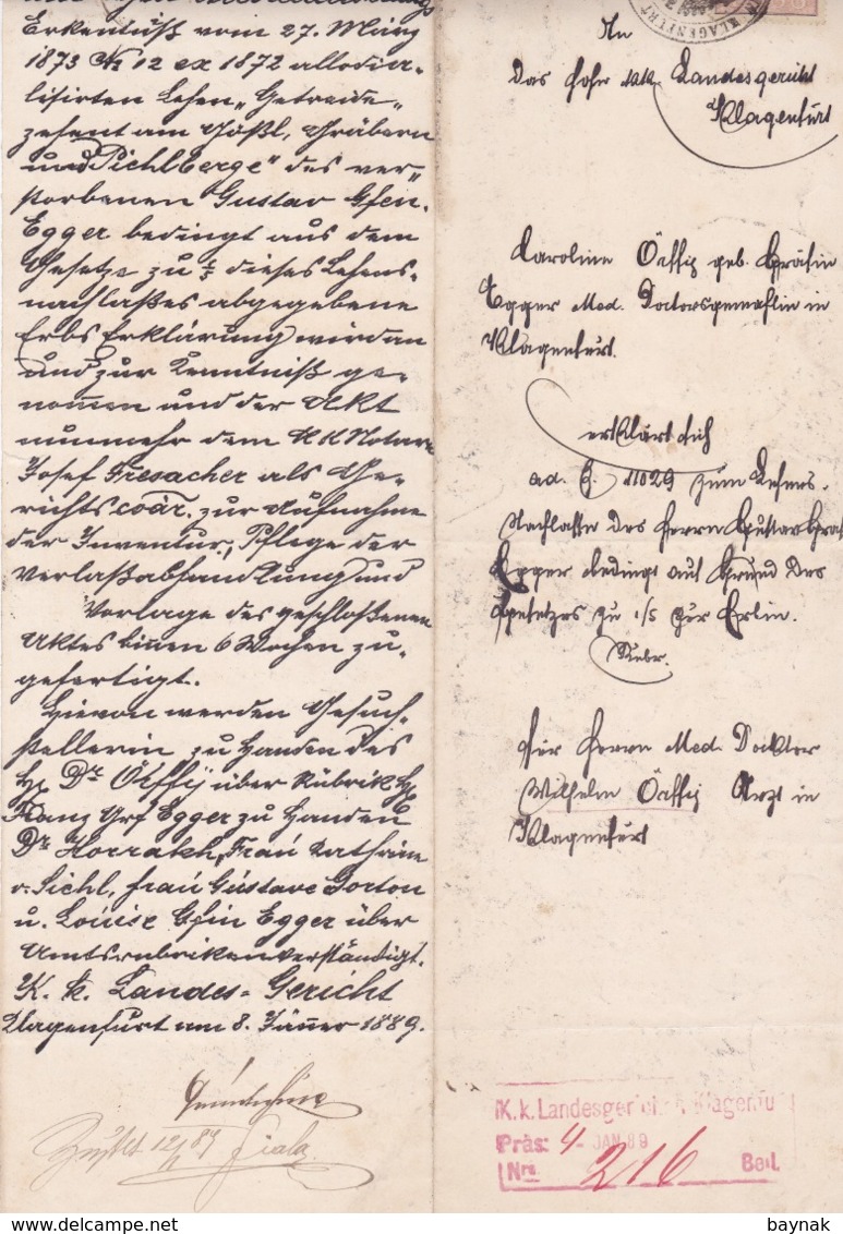 AUSTRIA  --  KLAGENFURT   --  1889  --  OLD DOCUMENT --  MIT 15 Kr   1888  TAX STAMP - Historische Dokumente