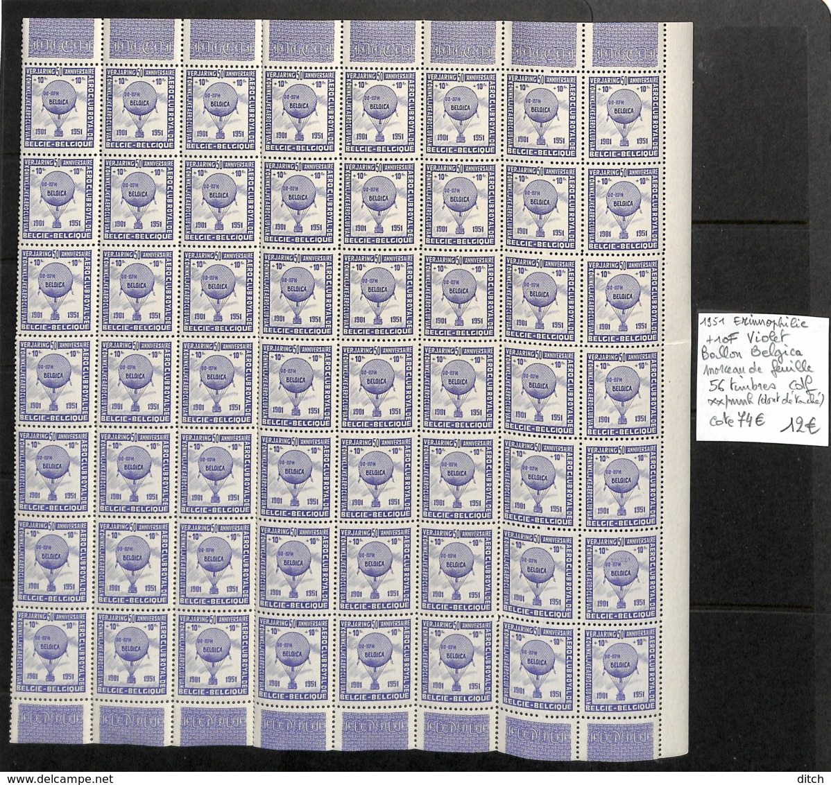 NN - D - [99728]TB//**/Mnh-c:74e-NN - Belgique 1951 - 10f Violet, Ballon Belgica, Morceau De Feuille 56 Timbres, Cdf (do - Erinnophilie [E]