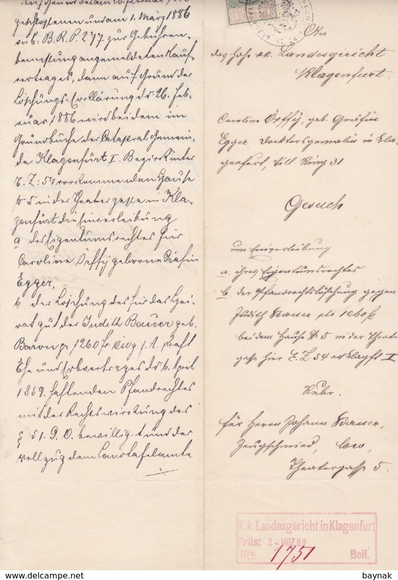 AUSTRIA  --  KLAGENFURT   --  1886  --  OLD DOCUMENT --  MIT 15 Kr   1885  TAX STAMP - Historische Dokumente