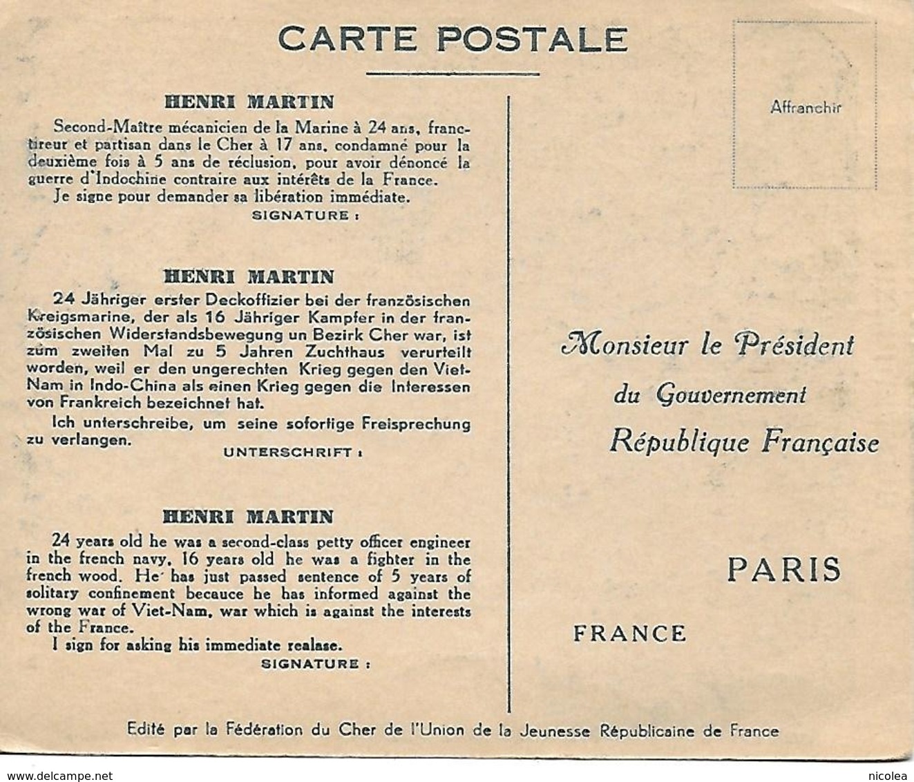 HENRI MARTIN Second Maitre Opposé à La Guerre Du Vietnam Carte Petition Parti Communiste Pour Sa Libération - Personnages