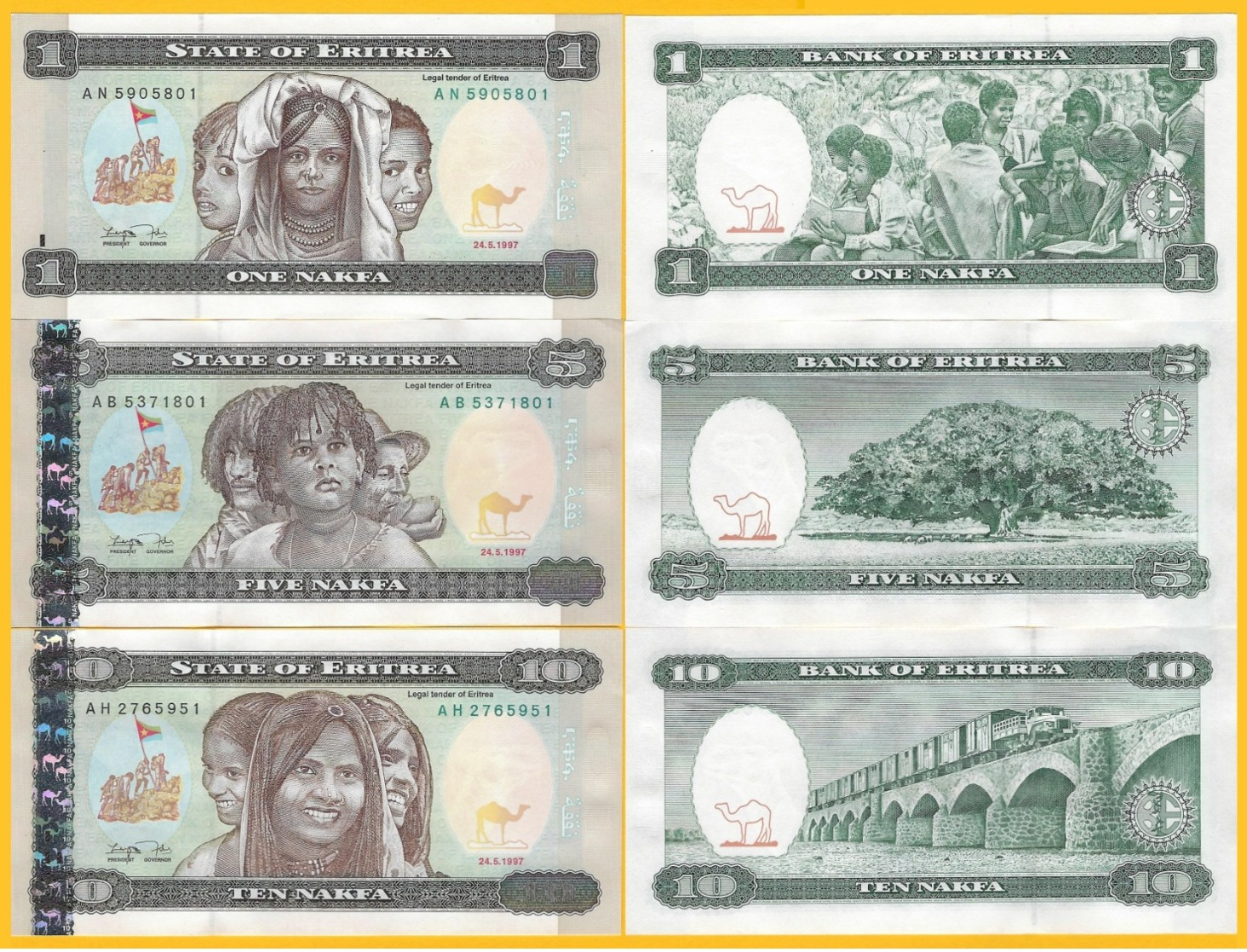 Eritrea Set 1, 5, 10 Nakfa 1997 UNC Banknote - Eritrea