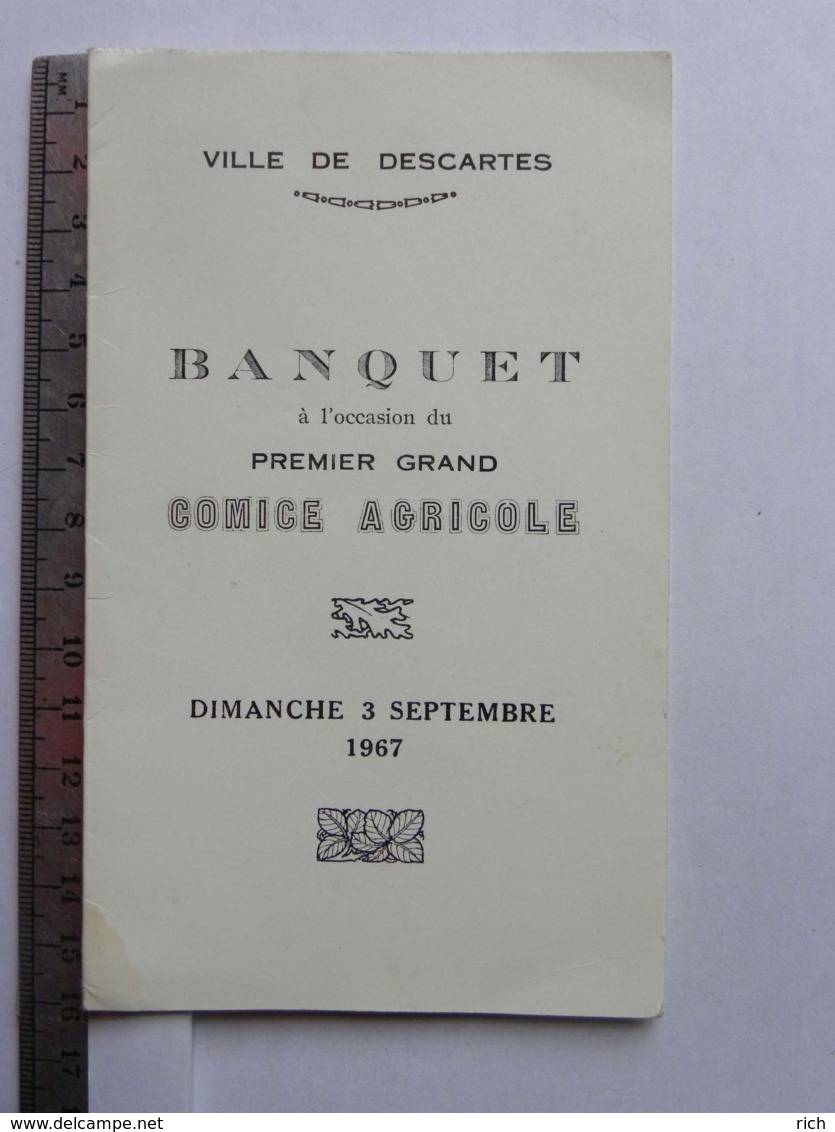 MENU - (37) - Ville De Descartes - Banquet, Premier Grand Comice Agricole - 3 Sept 1967, Leroy Claude Traiteur - Menus